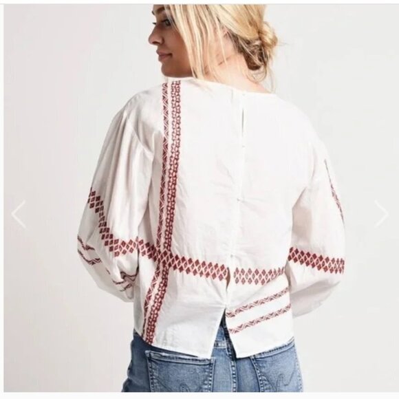Joie Boho White Semi-Sheer Button-Back Bishop-Sleeved Embroidered Peasant top - Picture 3 of 10
